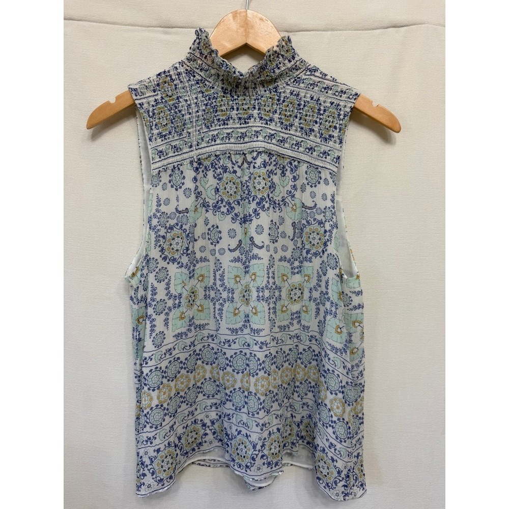 Joie Women Blouse Sleeveless Silk Smocked Mock Neck Blue Paisley Floral Boho Top